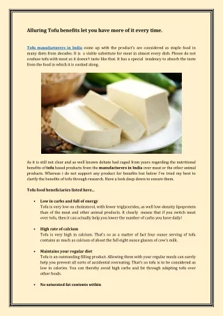 Tofu Manufacturers in India