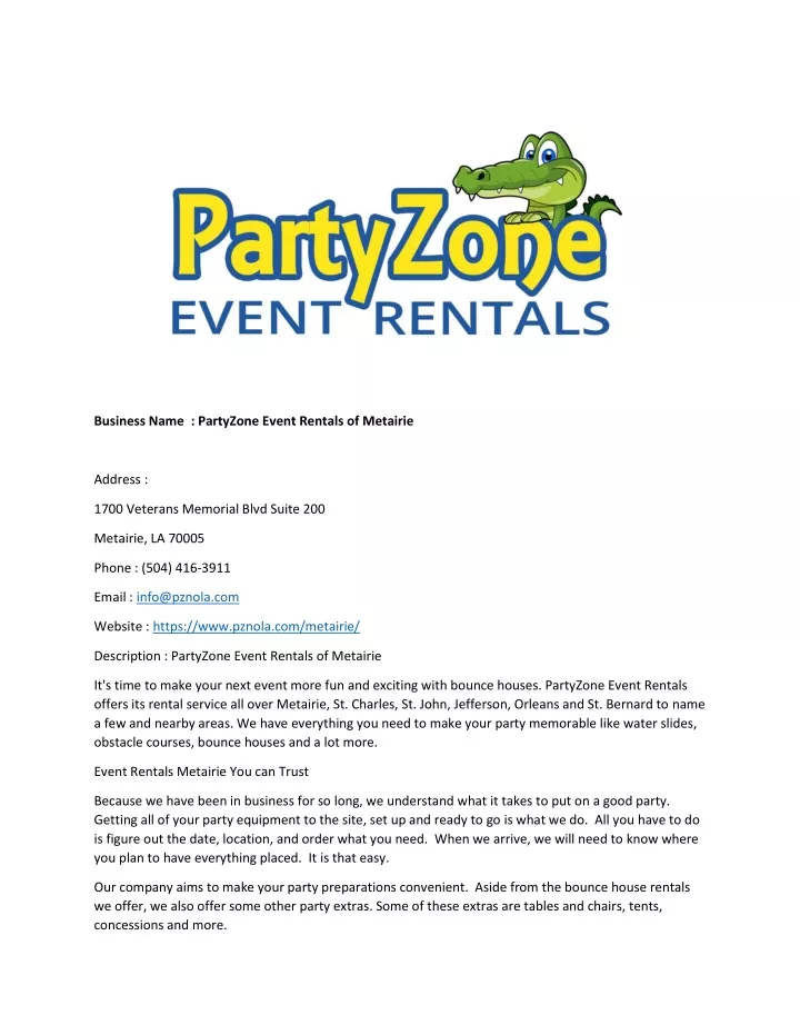 business name partyzone event rentals of metairie