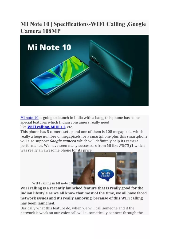 mi note 10 specifications wifi calling google