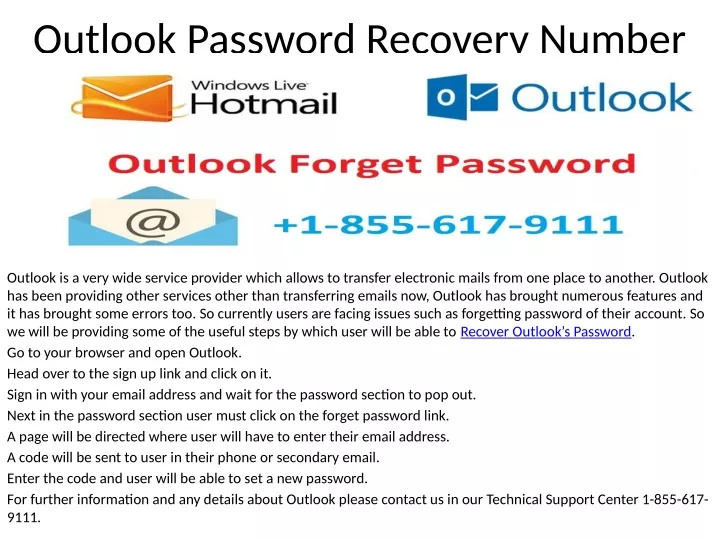 outlook password recovery number