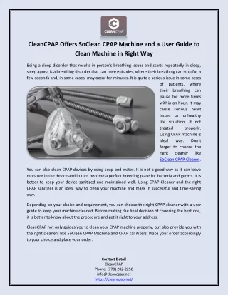 CleanCPAP Offers SoClean CPAP Machine and a User Guide to Clean Machine in Right Way