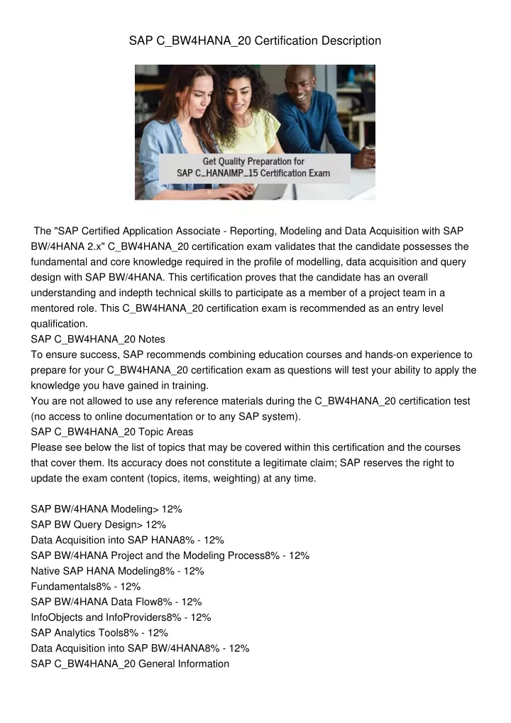 sap c bw4hana 20 certification description