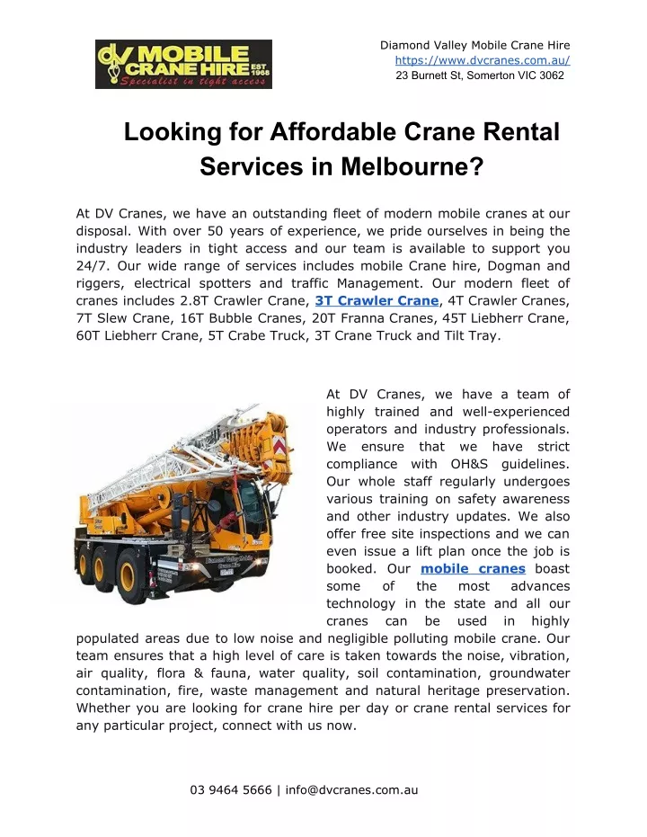 diamond valley mobile crane hire https