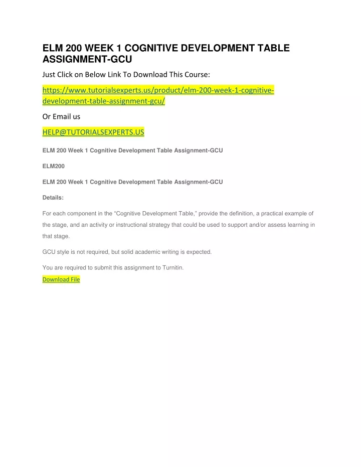 elm 200 week 1 cognitive development table