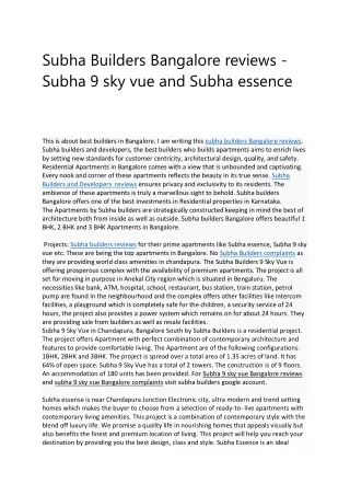 Subha Builders Bangalore reviews - Subha 9 sky vue and Subha essence