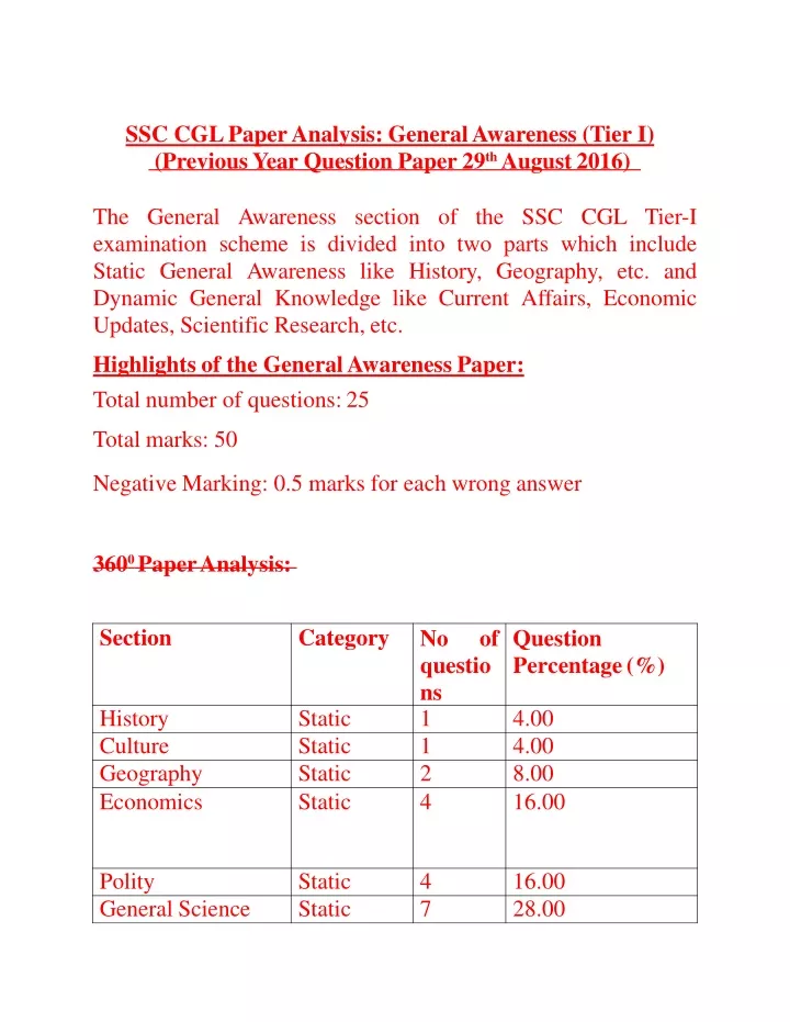 ssc cgl paper analysis general awareness tier