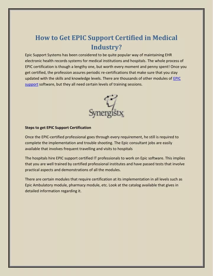 how to get epic support certified in medical