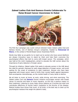 Zabeel Ladies Club And Damsco Events Collaborate To Raise Breast Cancer Awareness In Dubai