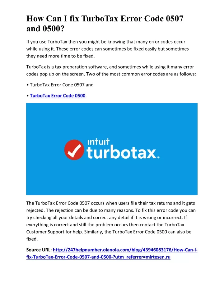 how can i fix turbotax error code 0507 and 0500