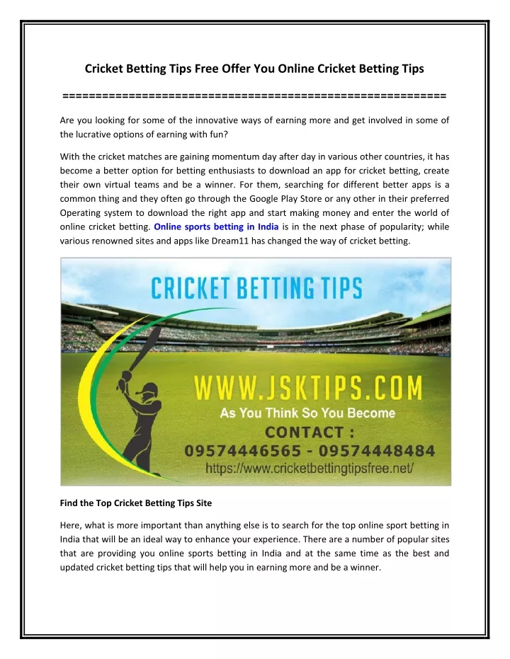 cricket betting tips free offer you online