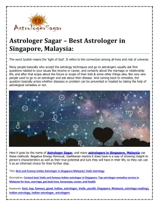 Indian Vedic Astrologer in Singapore, Malaysia – Astrologer Sagar: