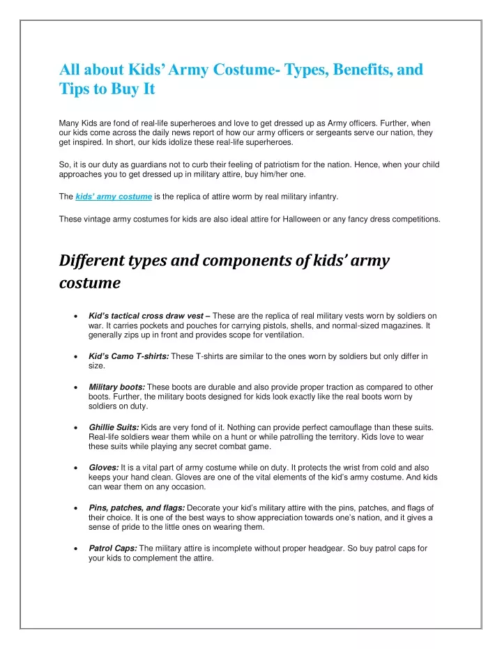 all about kids army costume types benefits