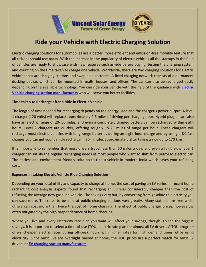 ride your vehicle with electric charging solution
