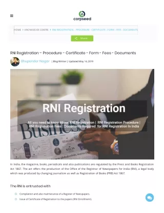 RNI Registration – Procedure - Certificate - Form - Fees - Documents