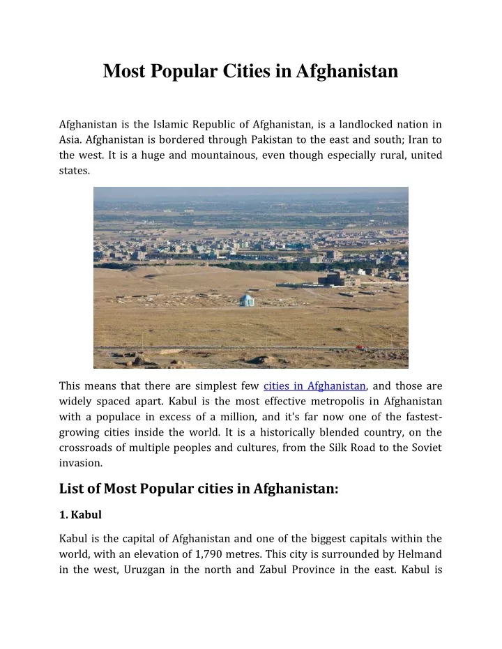 most popular cities in afghanistan