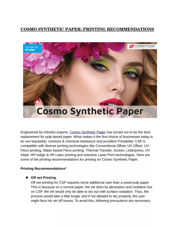 cosmo synthetic paper printing recommendations