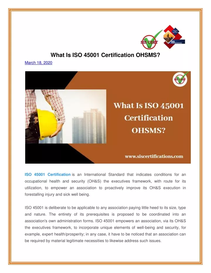 what is iso 45001 certification ohsms march