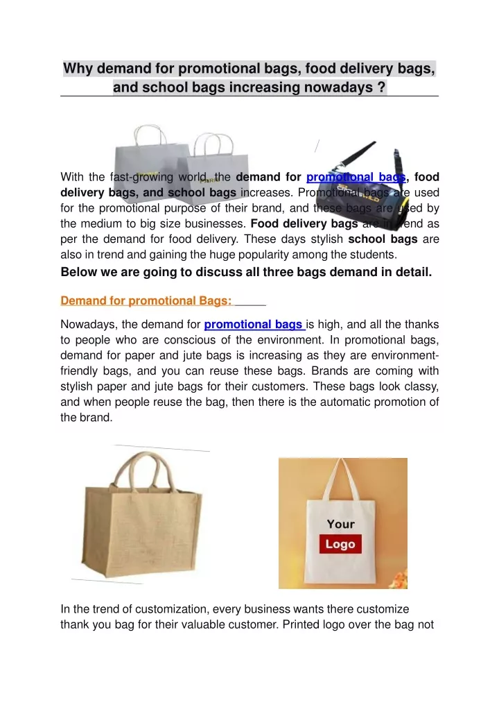 why demand for promotional bags food delivery bags