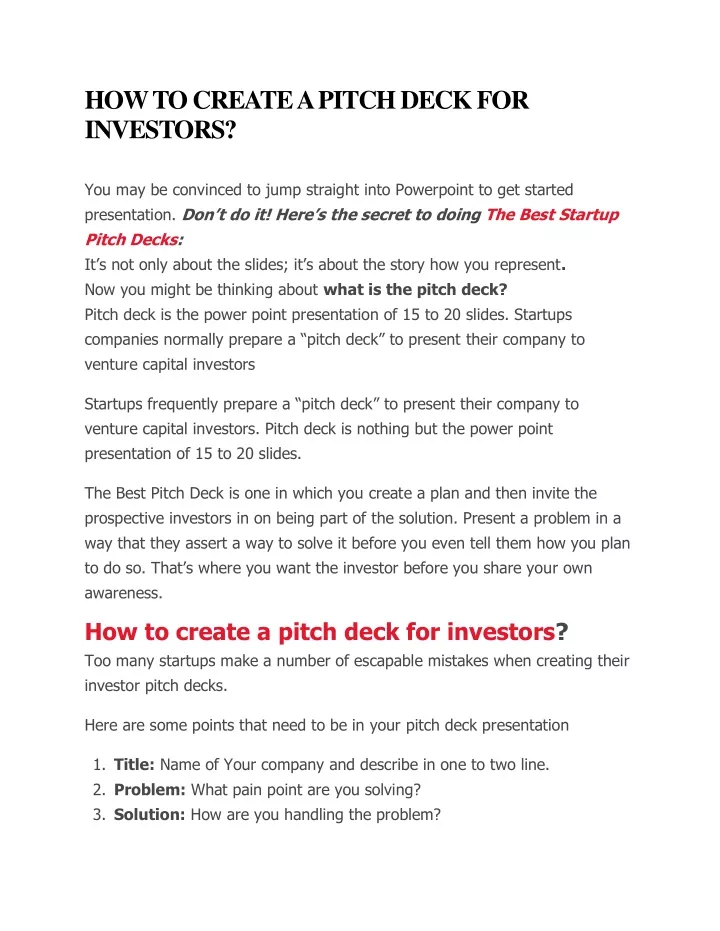 how to create a pitch deck for investors