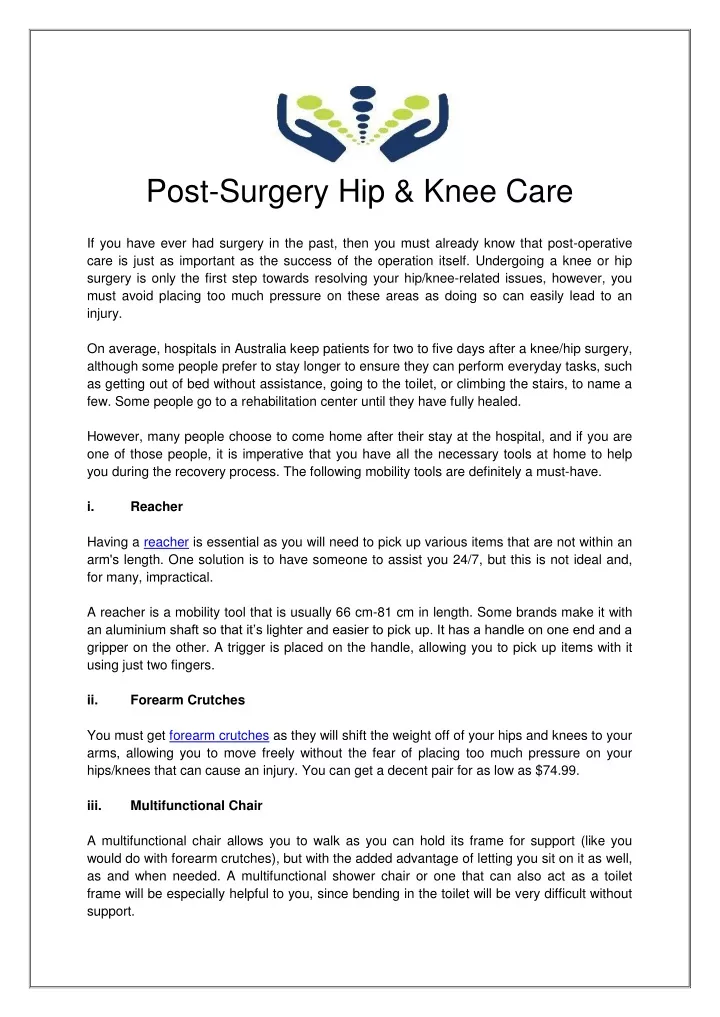 post surgery hip knee care