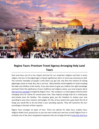 Regina Tours- Premium Travel Agency Arranging Holy Land Tours