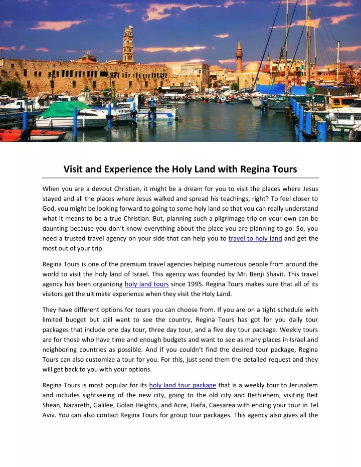visit and experience the holy land with regina