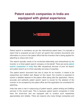 Patent search companies in India are equipped with global experience