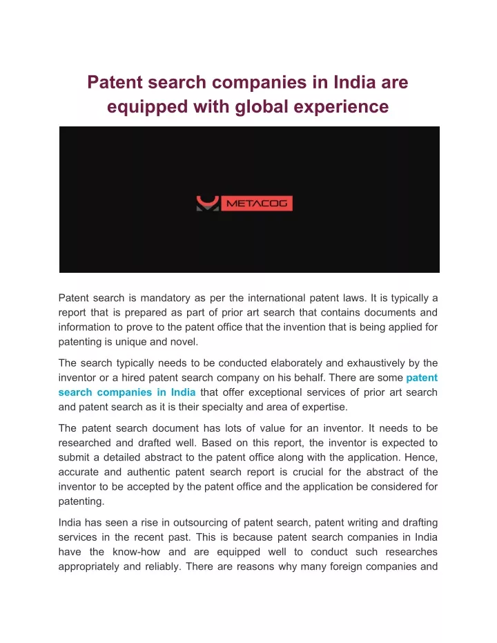 patent search companies in india are equipped