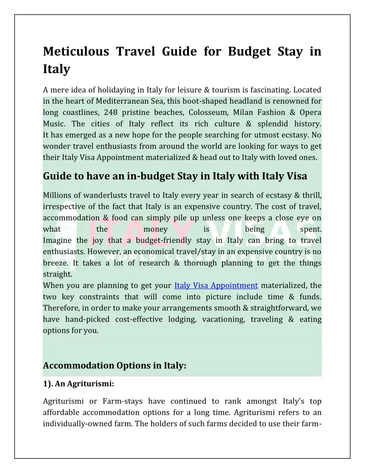 meticulous travel guide for budget stay in italy