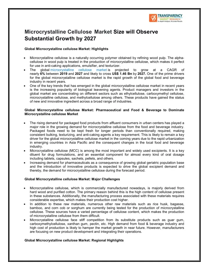 microcrystalline cellulose market size will