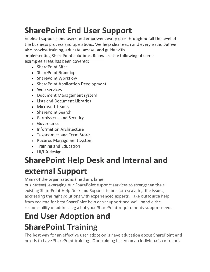 sharepoint end user support veelead supports