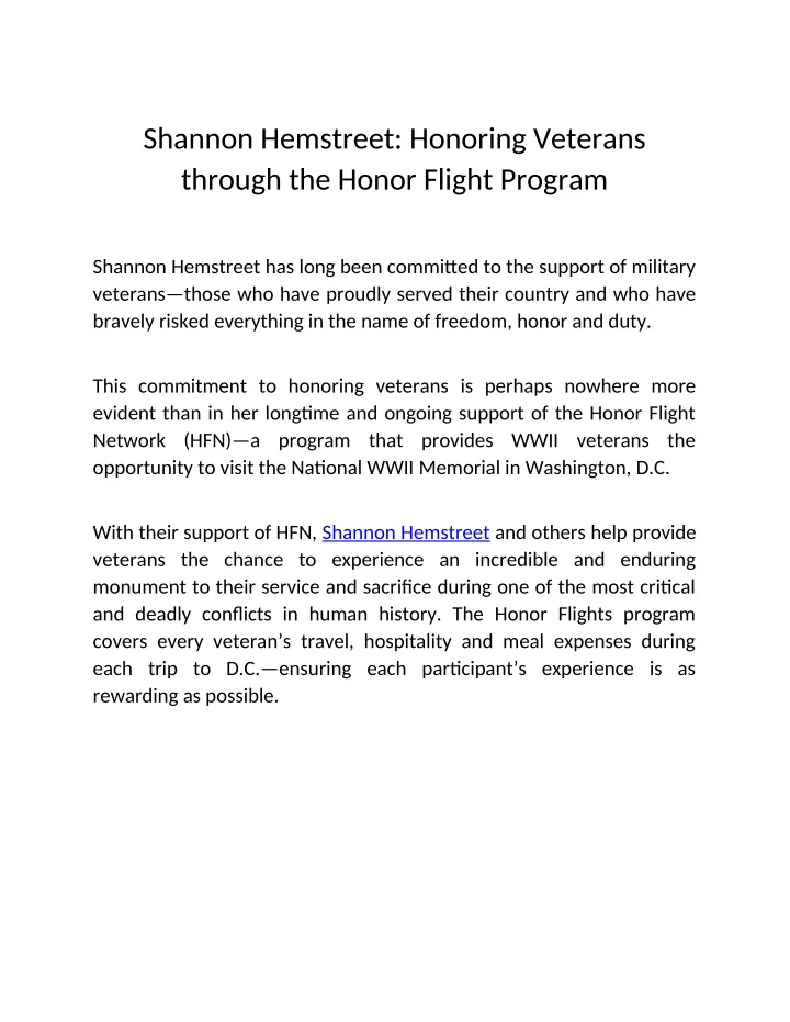 shannon hemstreet honoring veterans through