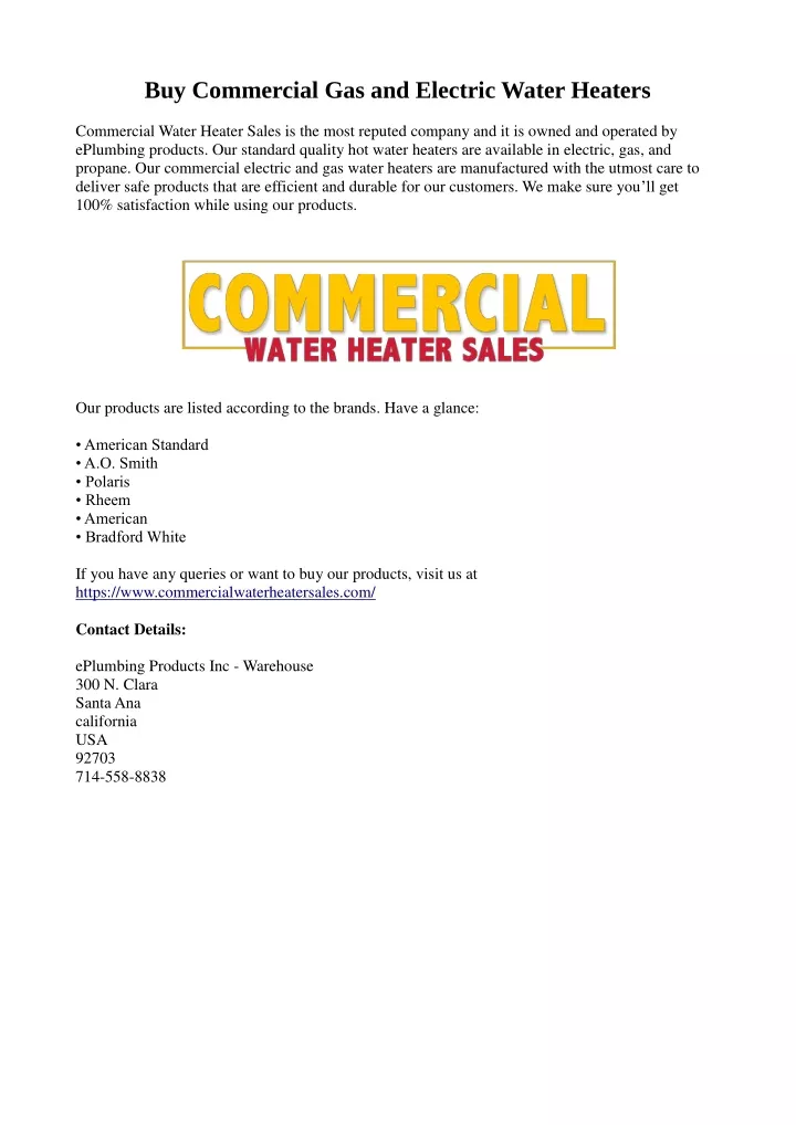 buy commercial gas and electric water heaters