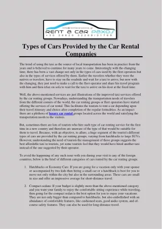 Types of Cars Provided by the Car Rental Companies