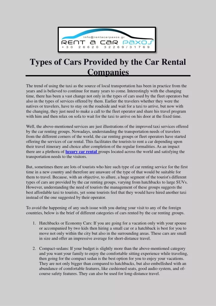 types of cars provided by the car rental companies