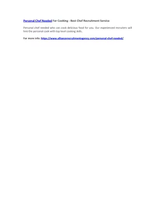 personal chef needed for cooking best chef