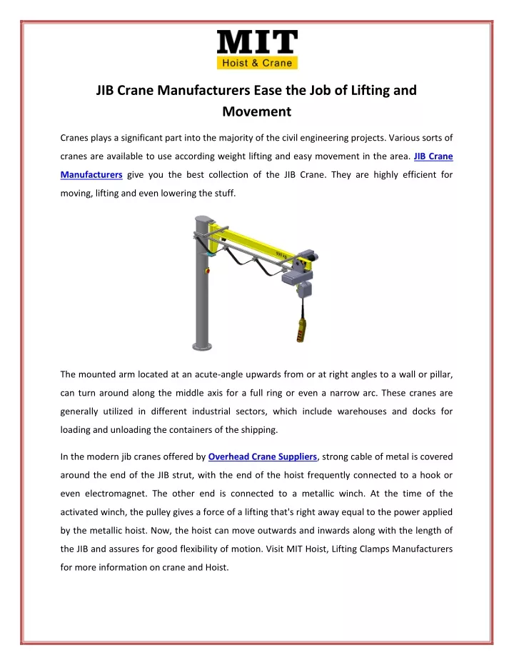 jib crane manufacturers ease the job of lifting