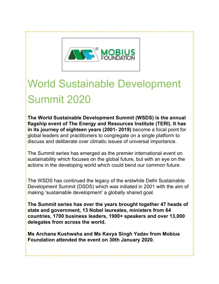 world sustainable development summit 2020