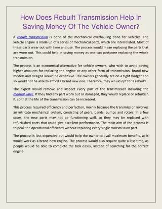 How Does Rebuilt Transmission Help In Saving Money Of The Vehicle Owner?