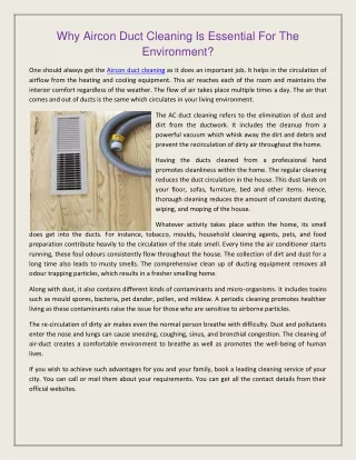 Why Aircon Duct Cleaning Is Essential For The Environment?