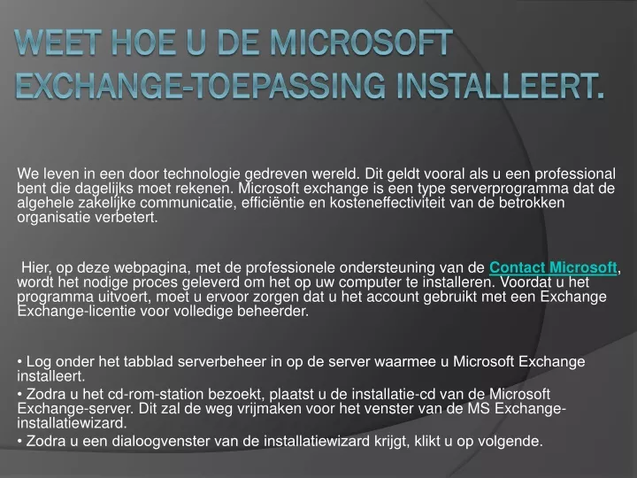 weet hoe u de microsoft exchange toepassing installeert