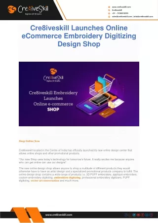 Cre8iveskill Launches Online eCommerce Embroidery Digitizing Design Shop