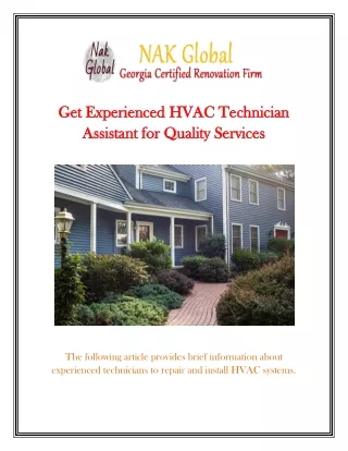 Get Experienced HVAC Technician Assistant for Quality Services