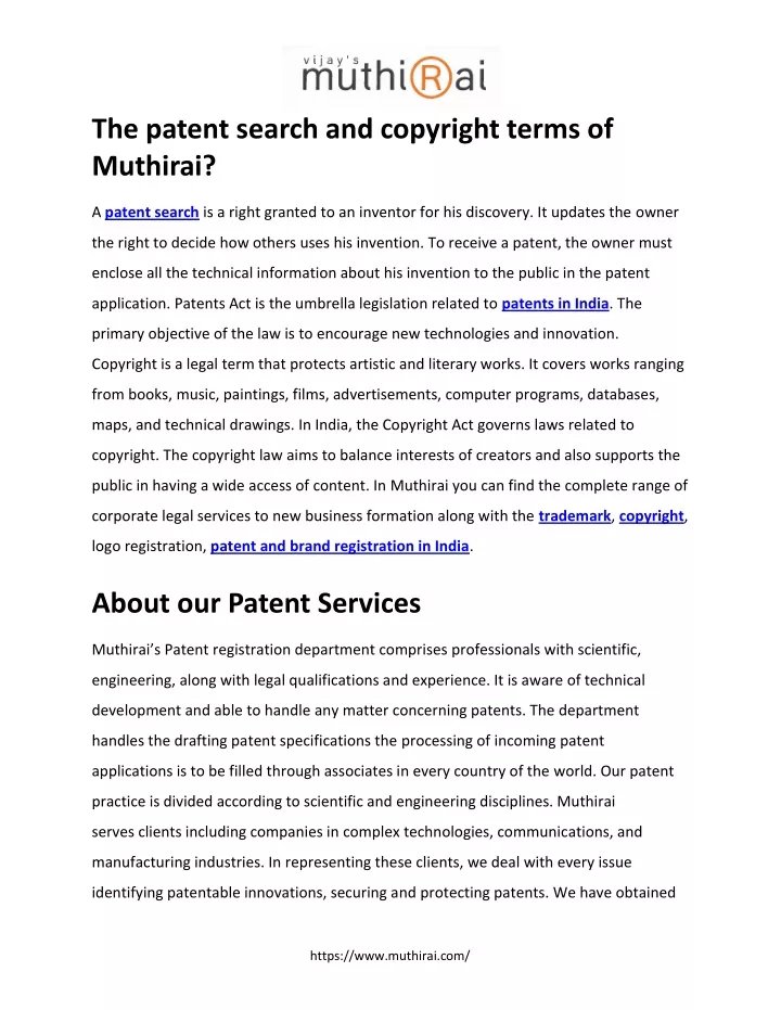 the patent search and copyright terms of muthirai
