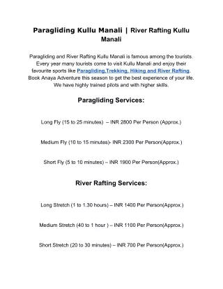 Paragliding Kullu | Paragliding Manali | River Rafting Kullu Manali | Paragliding Tour Package in Kullu