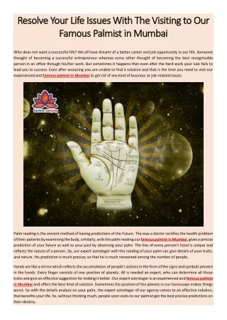 Resolve Your Life Issues With The Visiting to Our Famous Palmist in Mumbai