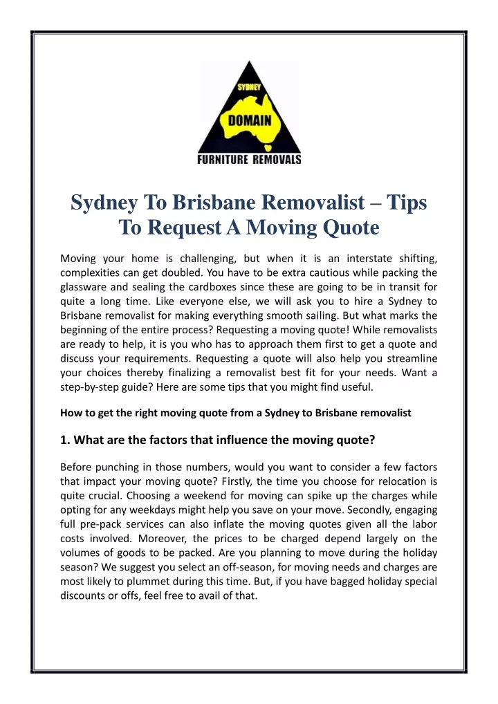 sydney to brisbane removalist tips to request