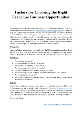 Factors for Choosing the Right Franchise Business Opportunities