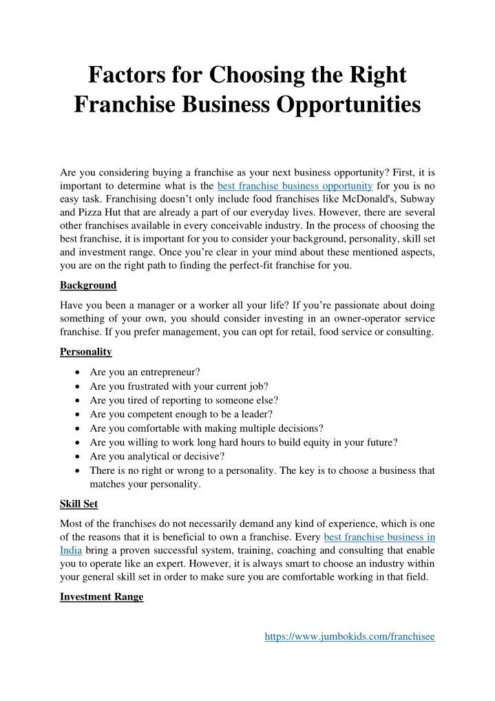 factors for choosing the right franchise business