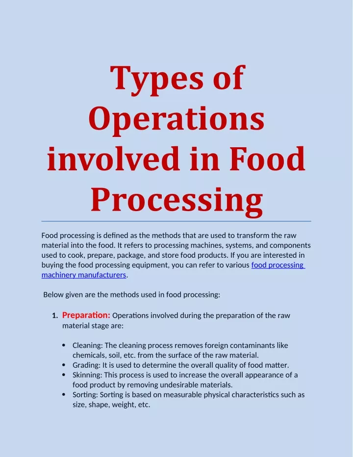 types of operations involved in food processing